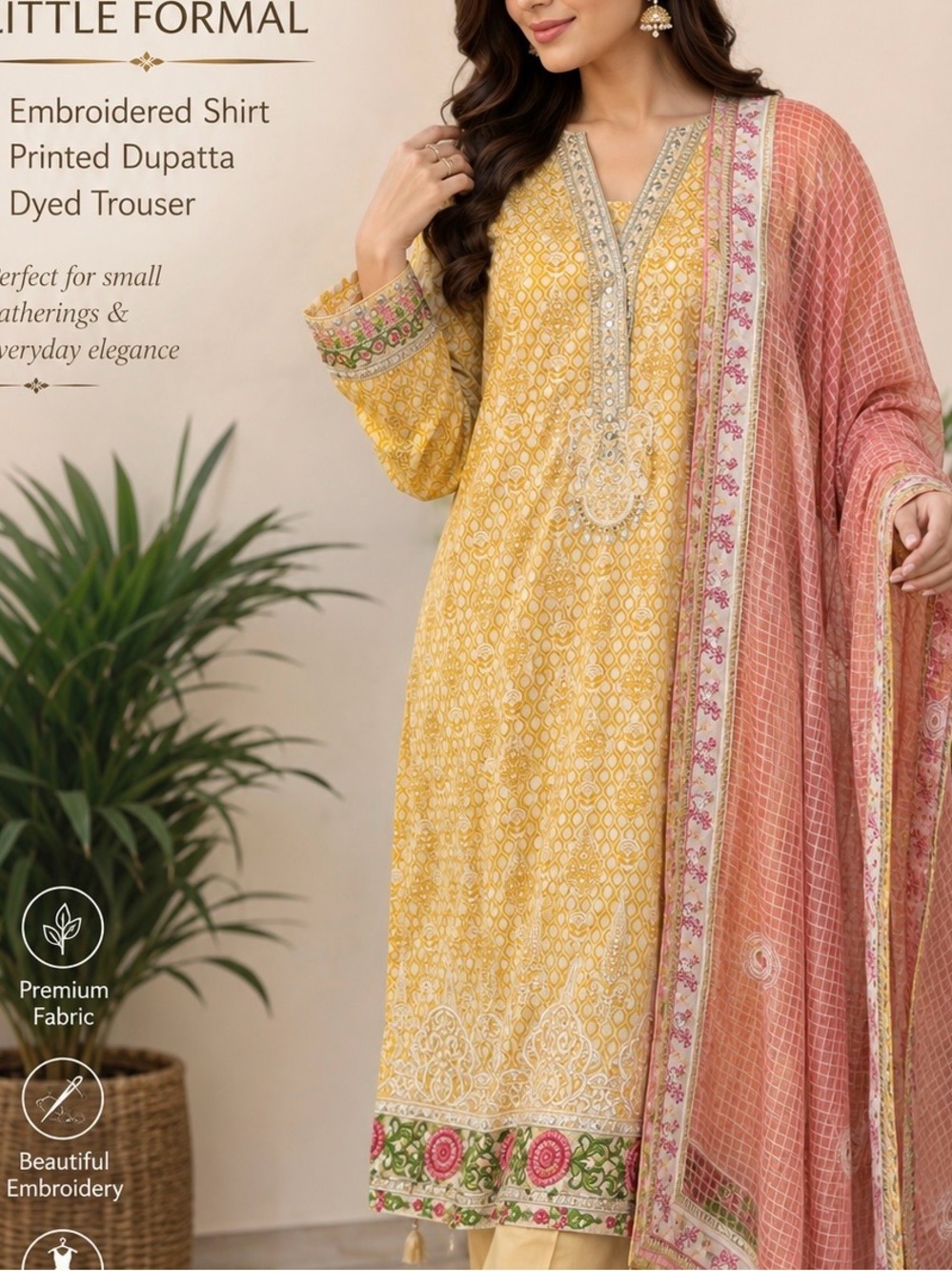 Embroidered butter Yellow 3-pcs Printed Kurta with Pink Accents